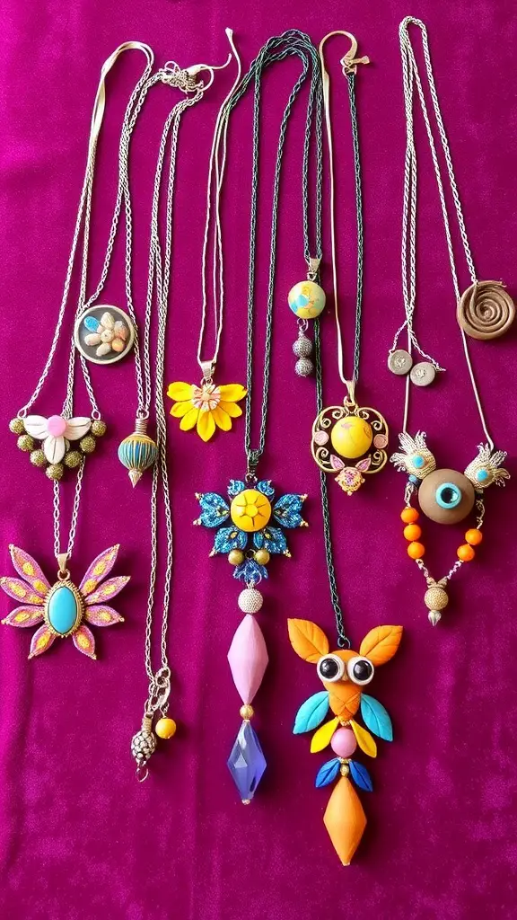 21+ Creative Scrap Fabric Projects You Can Make Today 16 A collection of colorful fabric scrap necklaces displayed on a purple background.