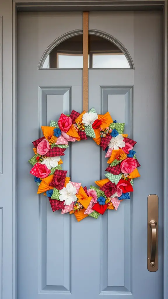 21+ Creative Scrap Fabric Projects You Can Make Today 10 A colorful fabric scrap wreath hanging on a blue door.