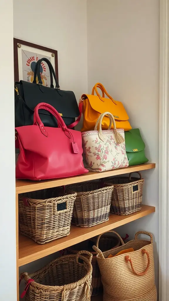 Colorful handbags on a shelf above woven fabric storage baskets.