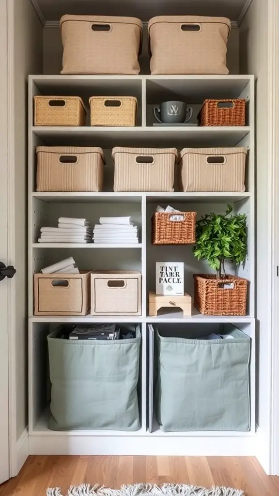 21 Creative Fabric Storage Solutions You Need to Try 14 Organized shelving unit with fabric storage bins and baskets