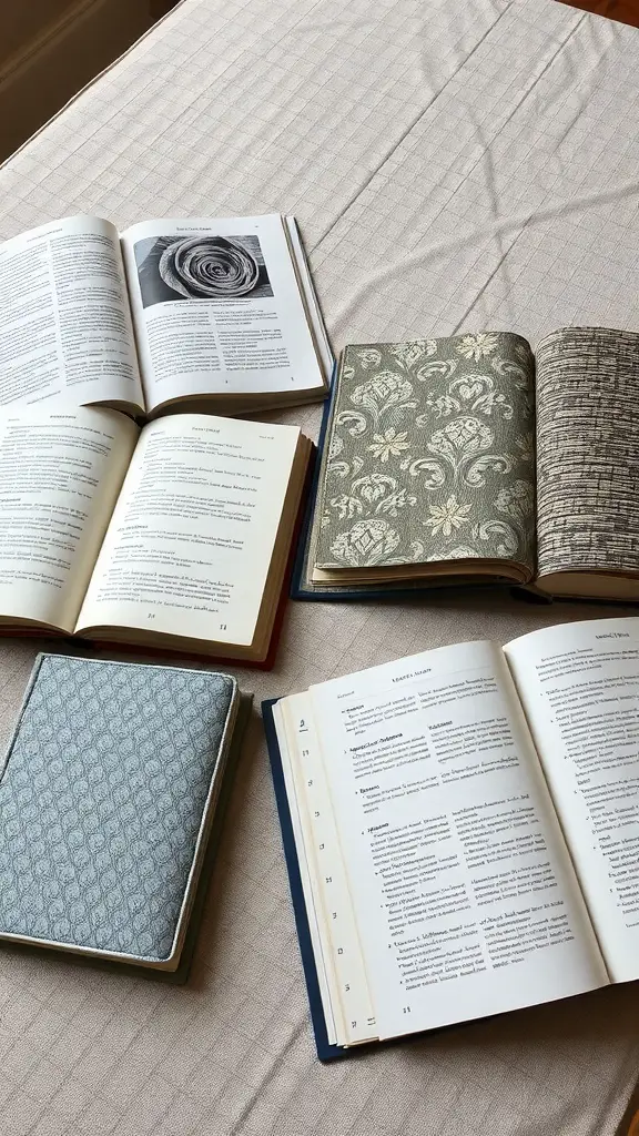 21 Creative Fabric Storage Solutions You Need to Try 17 A collection of fabric swatch books displayed on a light-colored surface, showcasing various textures and patterns.