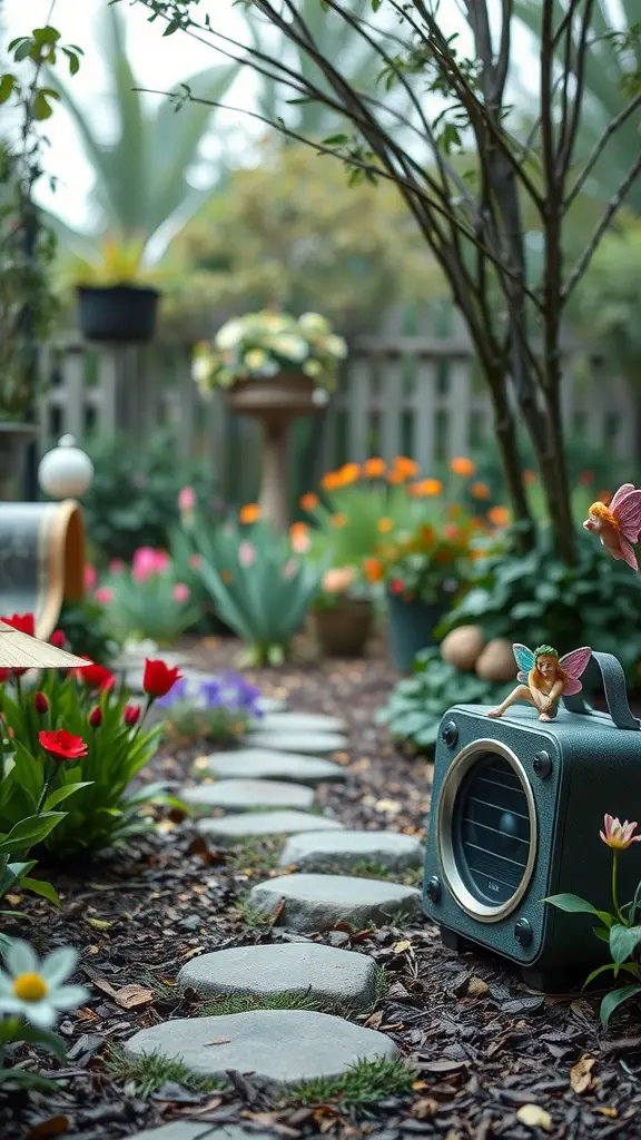 A fairy garden with a speaker decorated with a fairy, surrounded by colorful flowers and stepping stones.