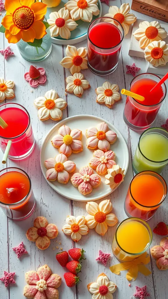 Colorful fairy garden themed refreshments with flower-shaped cookies and vibrant drinks.
