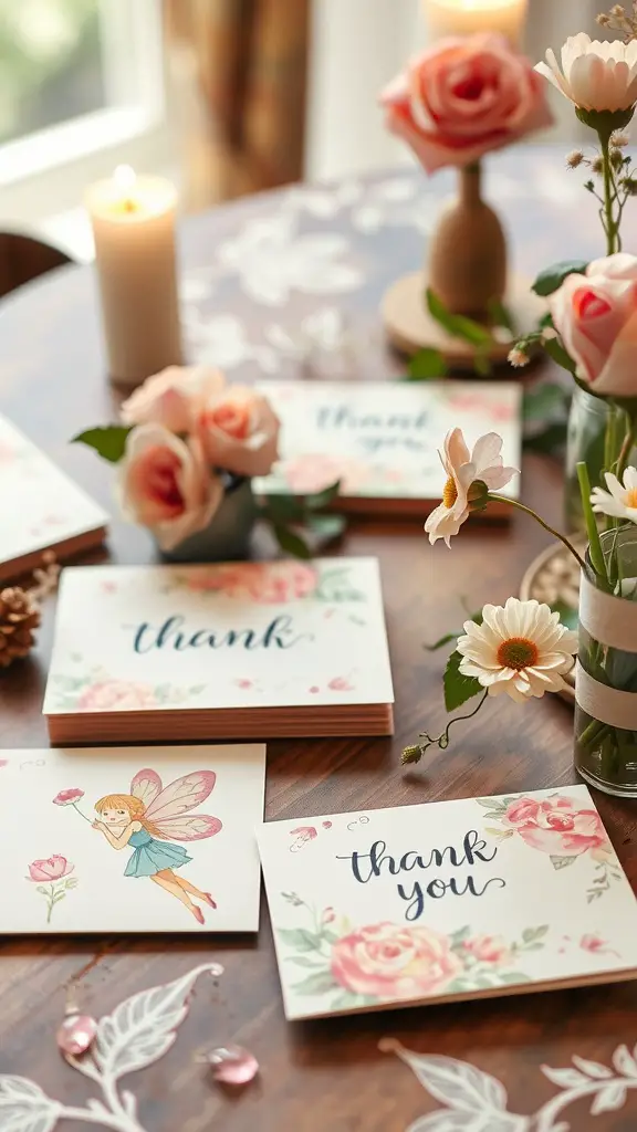 A collection of fairy-themed thank you notes on a wooden table, surrounded by flowers and candles.