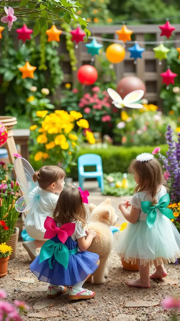 Children in a fairy garden setting, enjoying colorful decorations and playful activities.