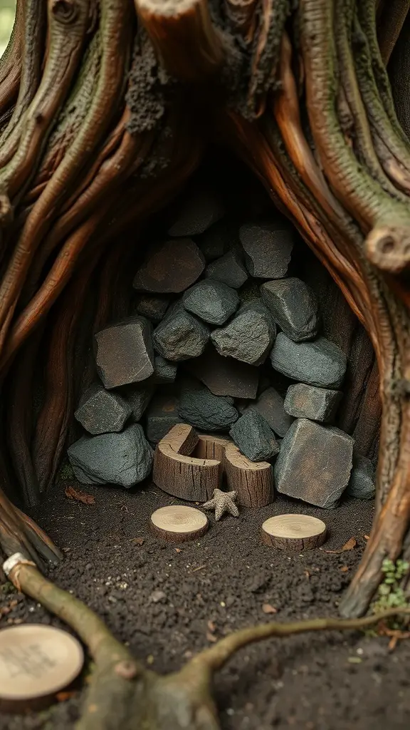 A fairy house with a stone fireplace made from dark stones, surrounded by wooden discs and tree roots.