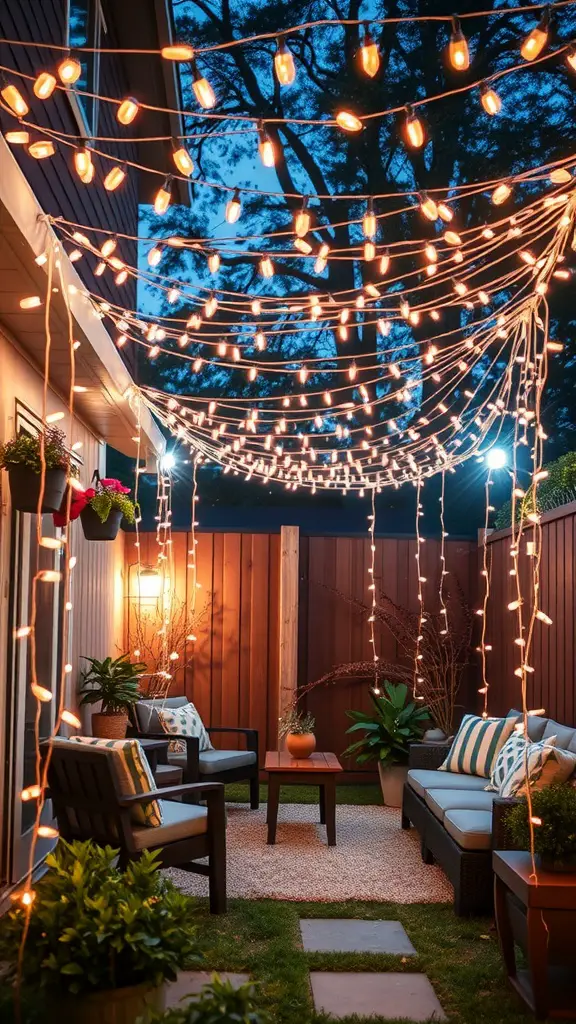 A cozy backyard with a canopy of fairy lights overhead, comfortable seating, and potted plants.