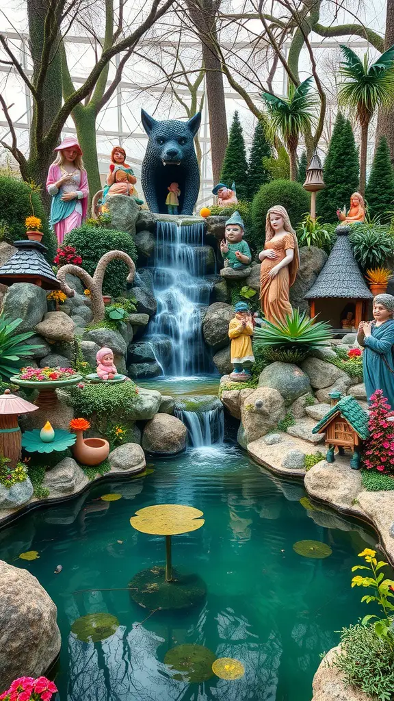 A fairy tale pond with a waterfall, surrounded by colorful flowers and whimsical statues.