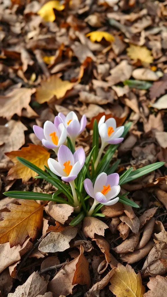 19 Stunning Fall Plants to Brighten Your Garden 11 A cluster of fall-blooming crocus flowers in purple and white, surrounded by fallen leaves.