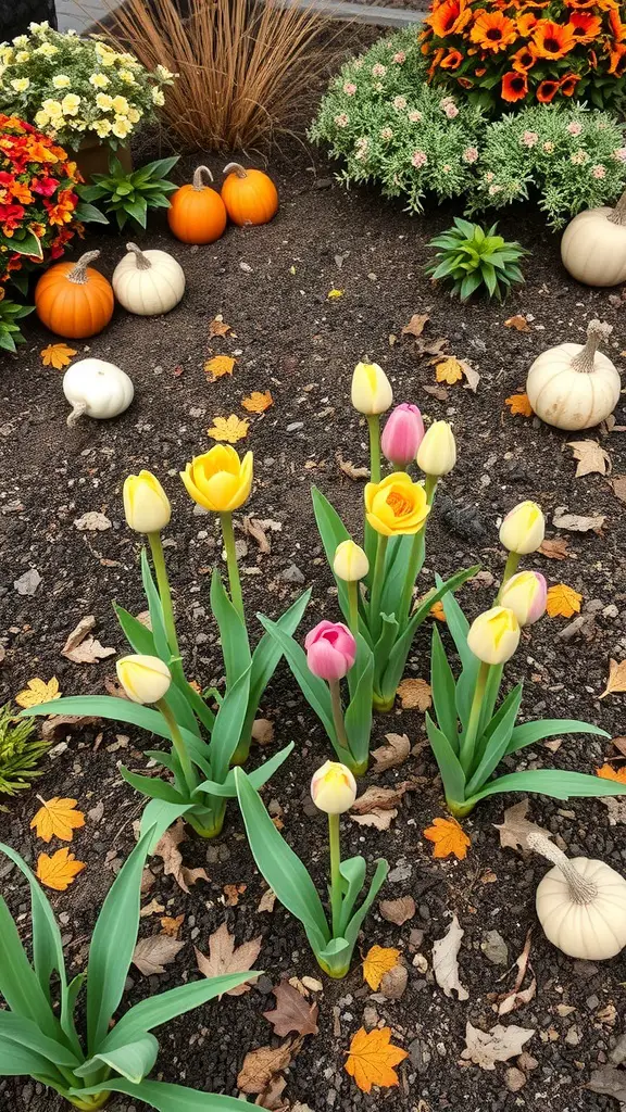 21 Stunning Fall Flower Bed Ideas to Beautify Your Home 13 A flower bed with yellow and pink tulips, surrounded by pumpkins and seasonal flowers.