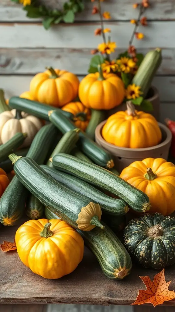 19 Creative Fall Vegetable Garden Ideas for a Bountiful Harvest 13 A collection of green zucchinis and various pumpkins arranged on a wooden table, showcasing a vibrant fall harvest.
