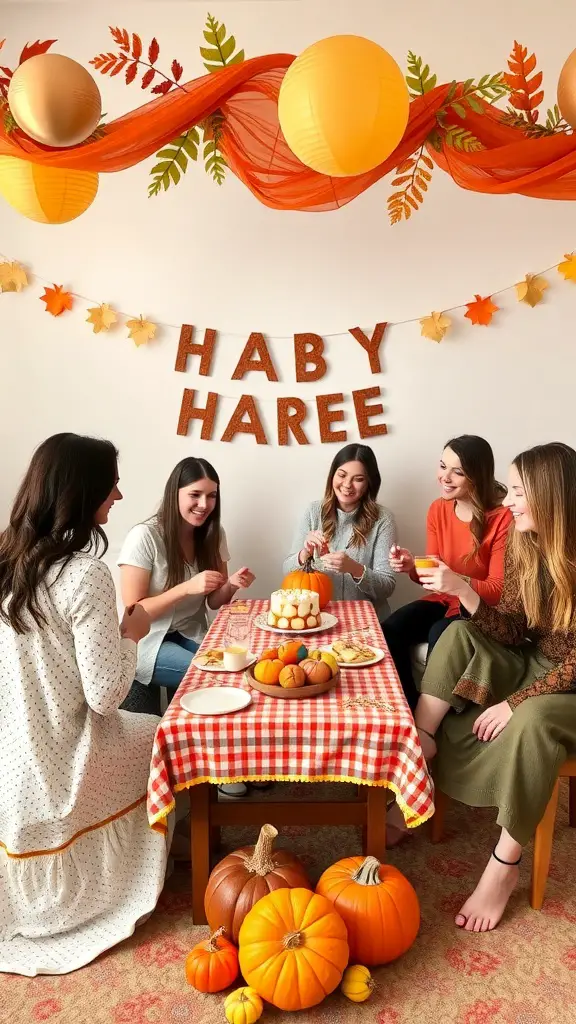 17 Creative Fall-Themed Baby Shower Ideas You’ll Love 9 A group of friends enjoying a fall-themed baby shower with pumpkins and festive decorations.