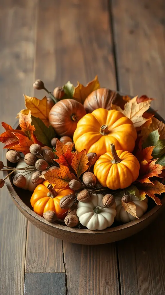 A bowl filled with mini pumpkins, fallen leaves, and acorns on a wooden table.
