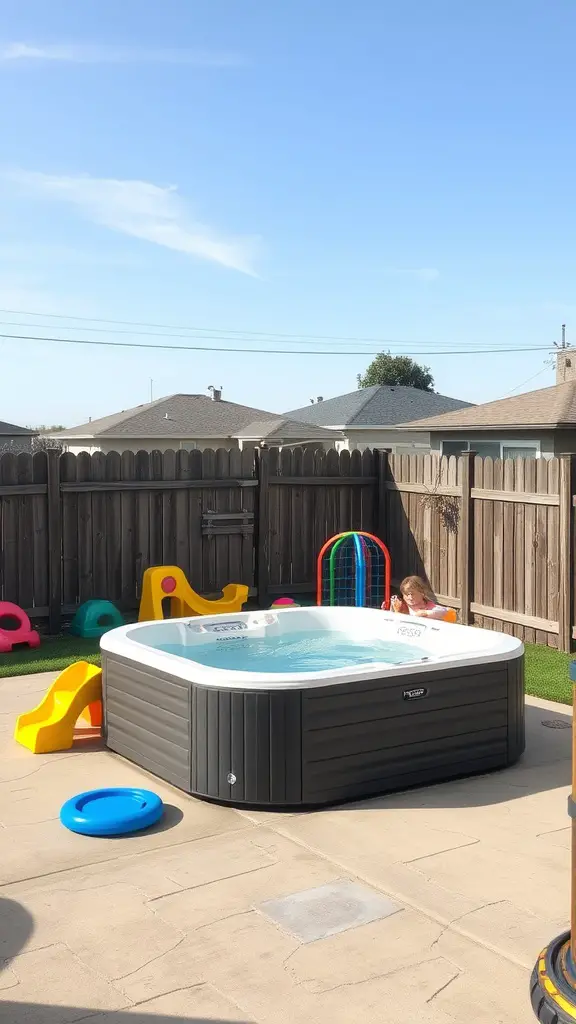 21 Amazing Hot Tub Backyard Ideas for Your Outdoor Oasis 6 A backyard with a hot tub and colorful playground equipment, creating a family-friendly fun zone.