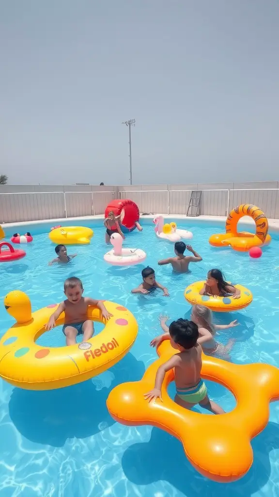 Children enjoying a colorful inflatable pool with various floats on a sunny day.