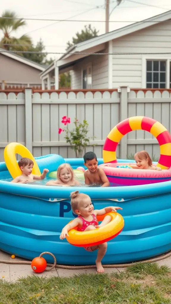 21+ Unique Stock Tank Pool Ideas for Your Backyard Oasis 6 Children playing in a stock tank pool with colorful inflatable rings in a backyard.