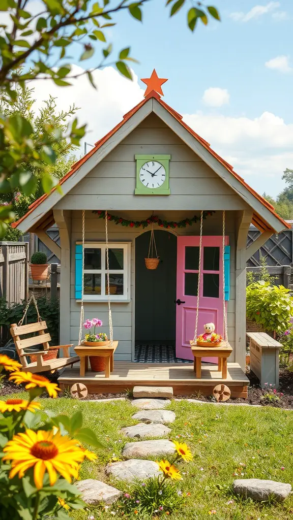 23 Inspiring Garden House Ideas for Your Outdoor Oasis 13 A colorful garden playhouse with a pink door, swings, and flower pots, surrounded by vibrant flowers and greenery.