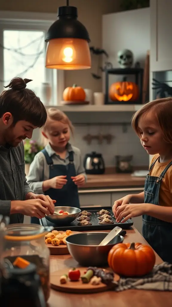 A family cooking together in a Halloween-themed kitchen with pumpkins and spooky decorations.