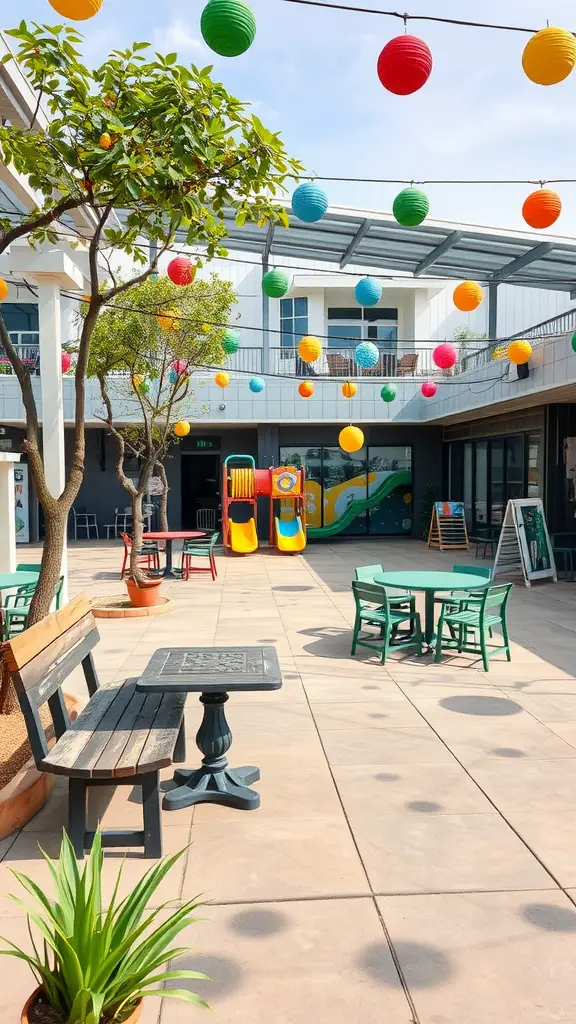 15 Inspiring Outdoor Patio Ideas for Your Dream Space 14 A colorful outdoor patio with play equipment and seating areas.