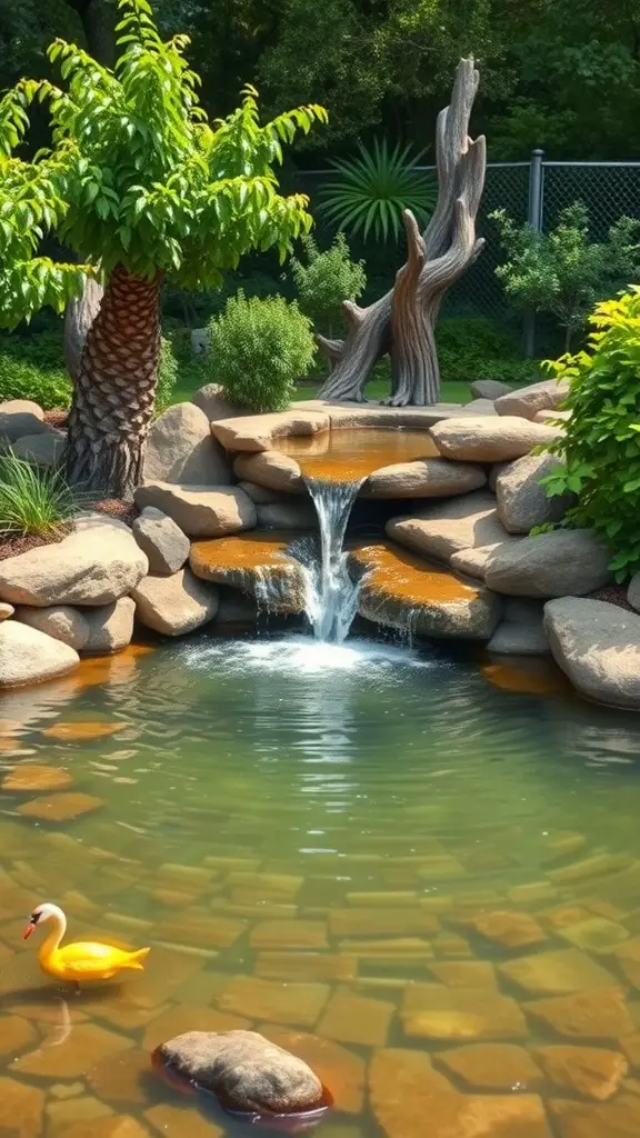 A family-friendly pond with a playful waterfall, featuring a rubber duck and surrounded by greenery.