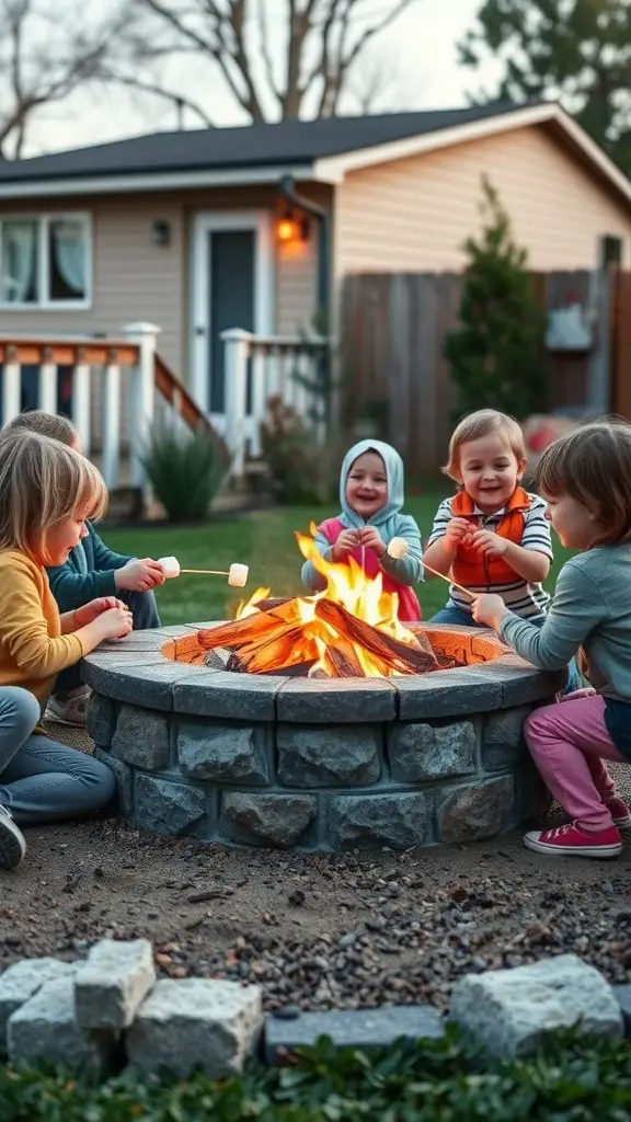 Children roasting marshmallows around a smokeless fire pit in a backyard setting.