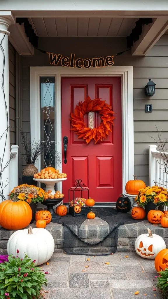 A decorated porch for Halloween featuring pumpkins, flowers, and a welcome sign.