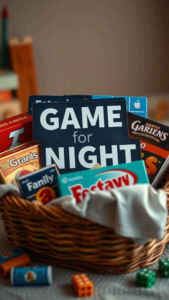 19 Creative Raffle Basket Ideas You’ll Love 8 A basket filled with board games for family game night, featuring a sign that says 'GAME for NIGHT'.