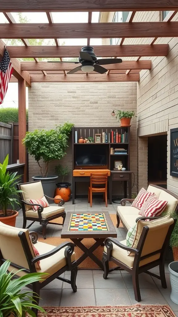 Cozy enclosed patio with seating and a game table