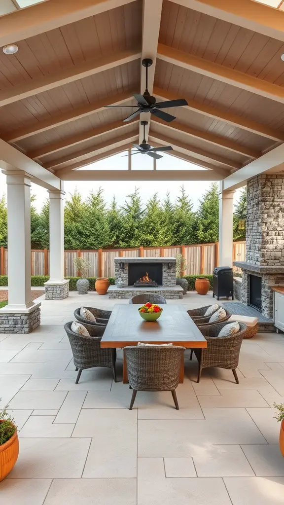 27 Cozy Outdoor Covered Patios with Fireplaces for Ultimate Comfort 8 A spacious outdoor covered patio featuring a fireplace, a large dining table, and comfortable seating surrounded by greenery.