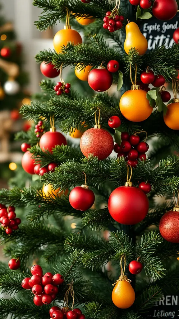 21 Creative Christmas Tree Ideas for a Cozy Fall Celebration 14 A Christmas tree decorated with red and orange ornaments and berries, showcasing a farm fresh fruit and foliage theme.