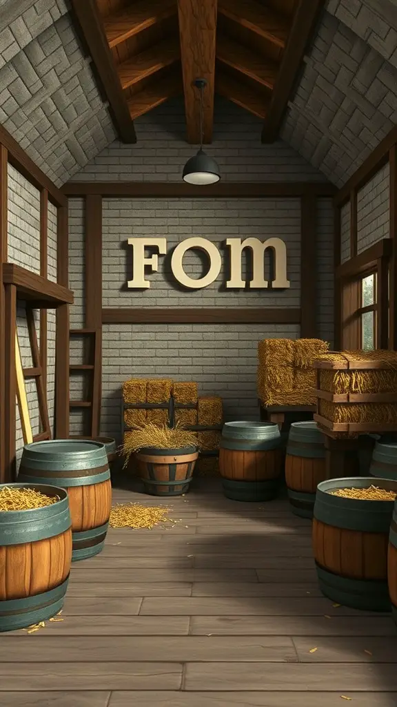 19 Creative Minecraft Storage Room Ideas You Need to Try 5 A cozy farmhouse style storage room with wooden barrels, crates, and hay bales.