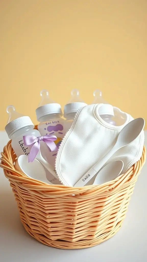21 Thoughtful Baby Shower Basket Gift Ideas 8 A wicker basket filled with baby bottles, a onesie, and spoons.