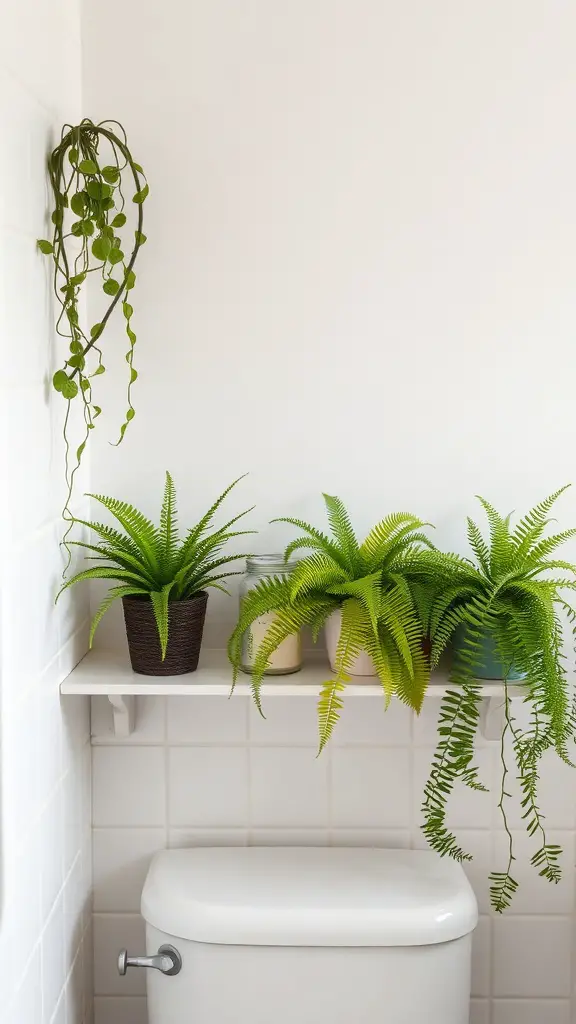 21 Stunning Bathroom Plants for a Fresh and Lively Space 9 A bathroom shelf with various ferns and a white toilet below.