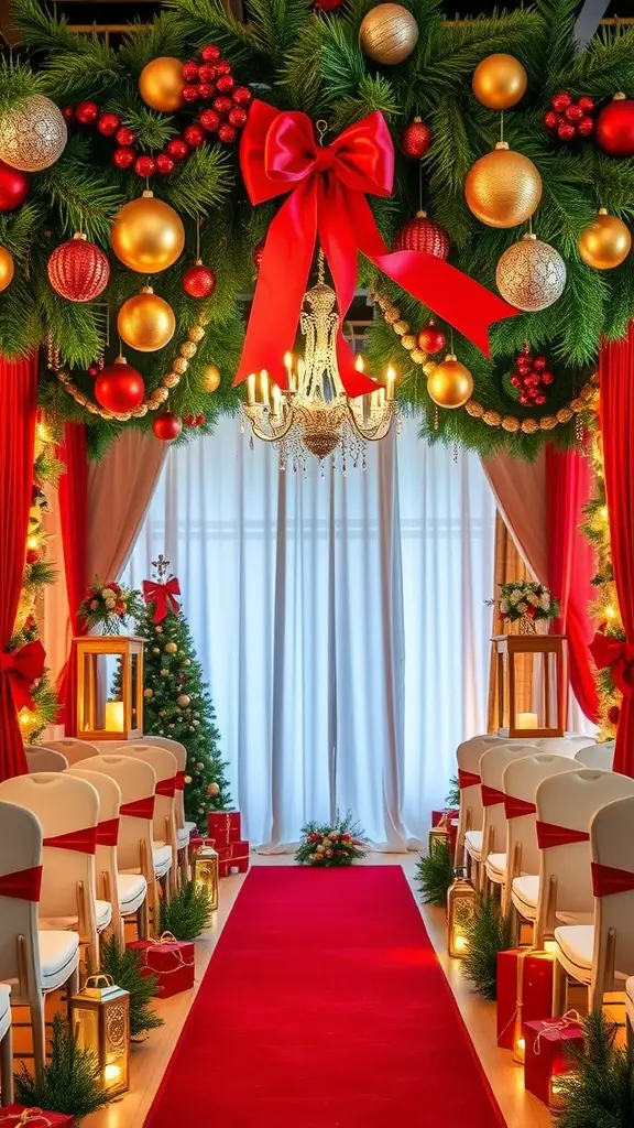 19+ Stunning Christmas Wedding Ideas You Need to See 10 A beautifully decorated wedding aisle with red carpet, green garlands, and gold ornaments, creating a festive atmosphere.
