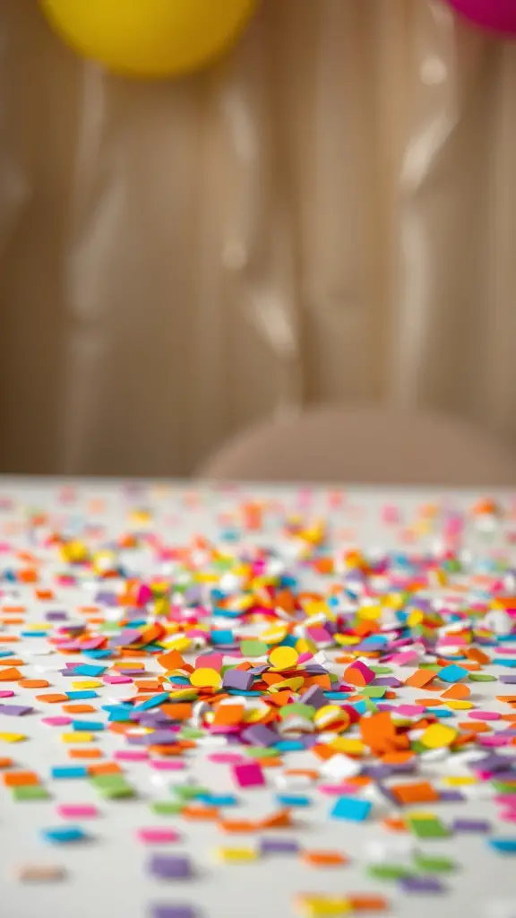 27+ Creative Birthday Decoration Ideas for an Unforgettable Celebration 13 Colorful confetti scattered on a table with balloons in the background.