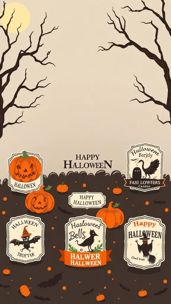 Colorful Halloween food labels with pumpkins, bats, and festive designs