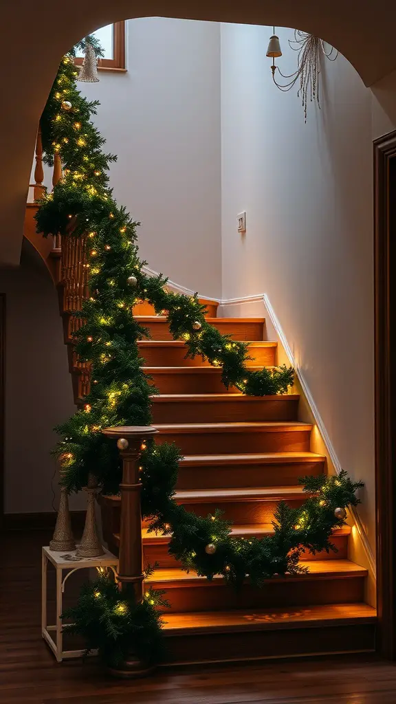 A staircase decorated with a lush green garland and twinkling lights, creating a festive atmosphere.