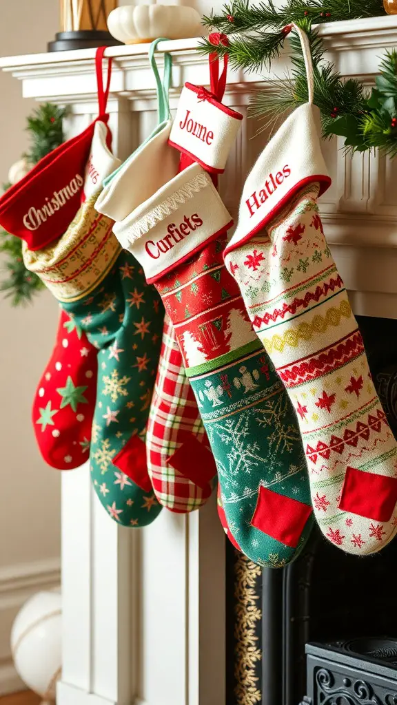 A collection of colorful Christmas stockings hanging on a mantel, each personalized with names.