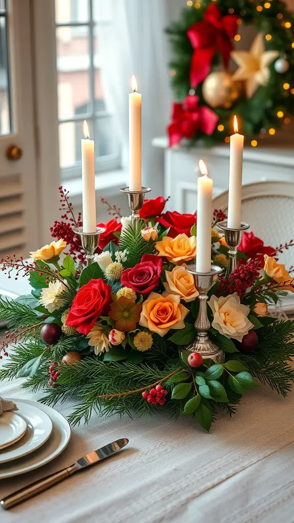 21+ Creative Christmas Decoration Ideas for a Festive Home 12 A festive table centerpiece featuring colorful flowers, candles, and greenery.