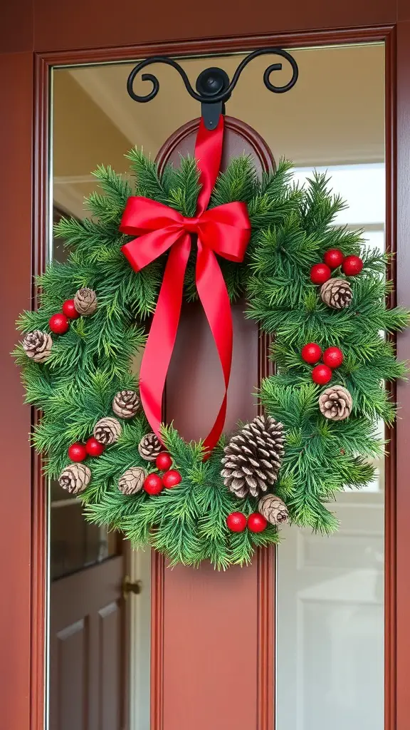 15 Creative Dollar Tree Christmas Decor Ideas for a Festive Home 6 A festive wreath with red ornaments, pinecones, and a red bow hanging on a door.