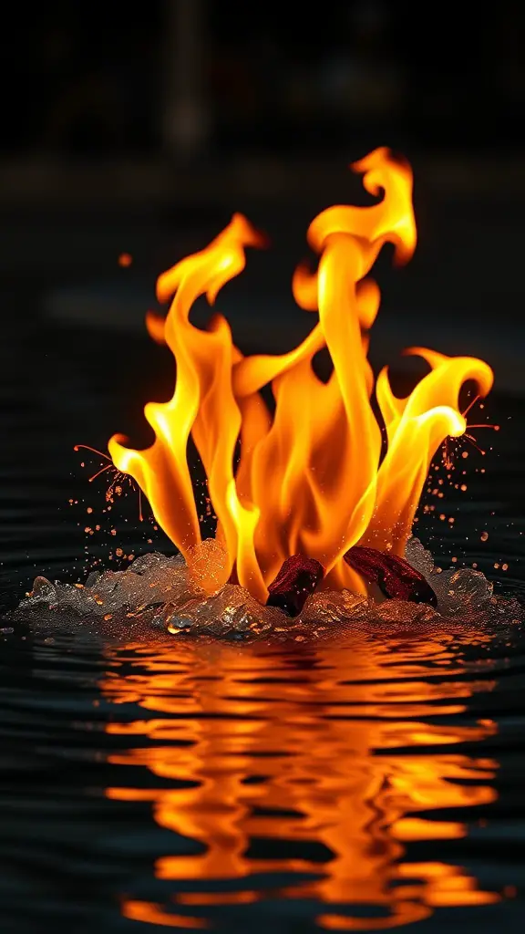 A vibrant flame rising from a water feature, creating a beautiful contrast.