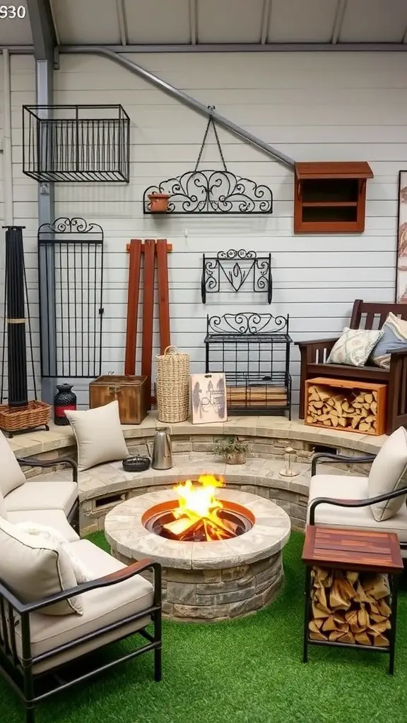 A cozy fire pit setup with comfortable seating and decorative elements.