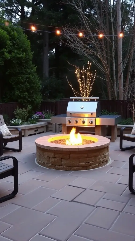 A cozy outdoor space featuring a grill and a circular fire pit surrounded by seating and string lights.
