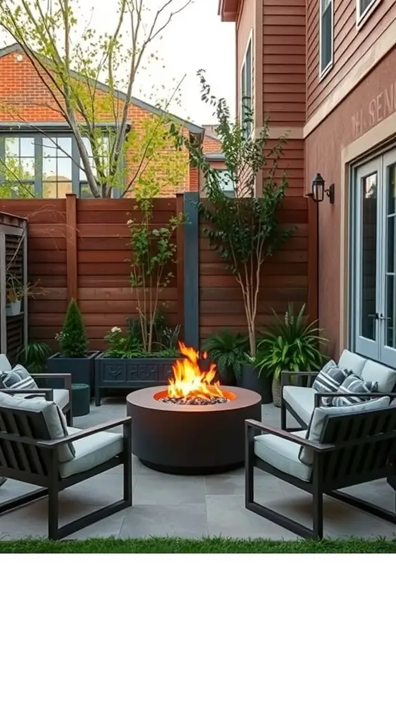 17 Creative Small Apartment Patio Ideas You’ll Love 4 A cozy patio featuring a modern fire pit surrounded by comfortable chairs and greenery.