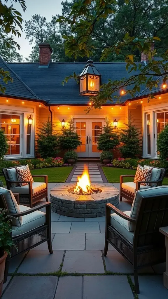 A cozy backyard fire pit area with chairs and soft lighting