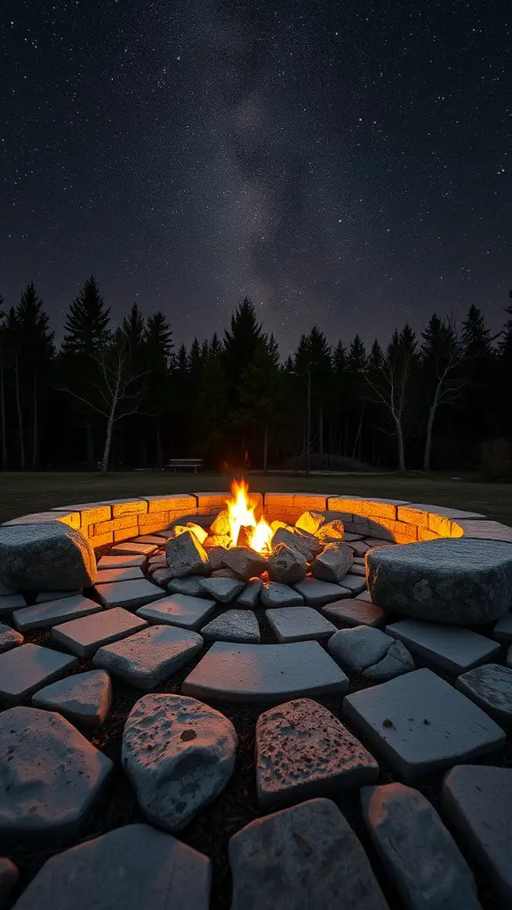 19 Creative Rock Landscaping Ideas for a Stunning Outdoor Space 11 A cozy fire pit surrounded by stones under a starry sky.