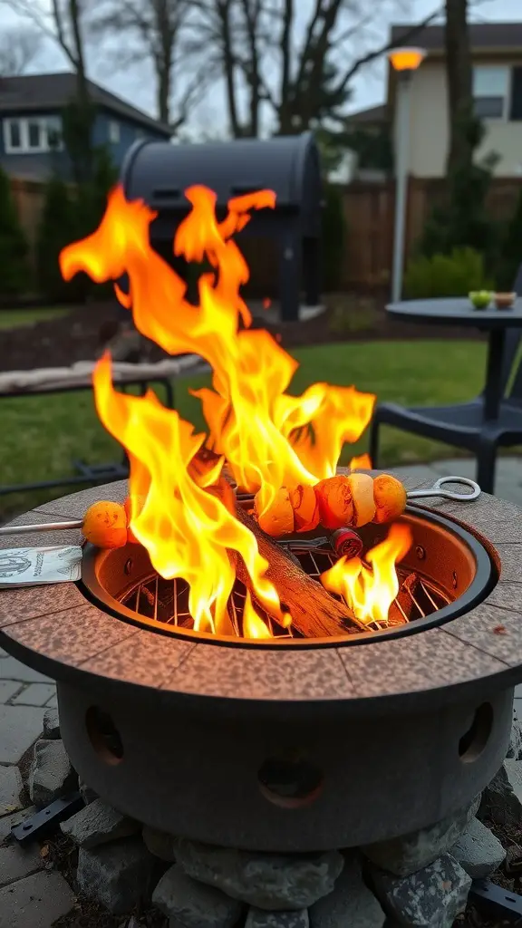 17 Creative DIY Fire Pit Ideas for Your Backyard 14 Fire pit with flames and skewers of food, surrounded by a stone base in a backyard setting.
