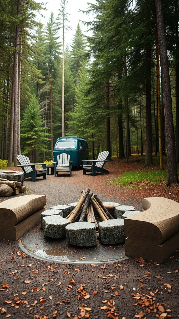 17 Creative DIY Fire Pit Ideas for Your Backyard 16 A cozy fire pit area with log seating and Adirondack chairs surrounded by trees.