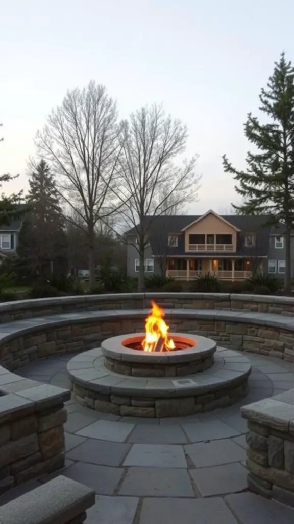 17 Creative DIY Fire Pit Ideas for Your Backyard 6 A cozy fire pit surrounded by a circular stone seating wall in a backyard setting.