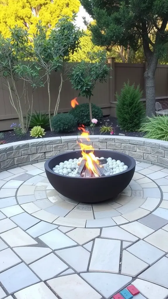 17 Creative DIY Fire Pit Ideas for Your Backyard 11 A modern fire pit surrounded by a stone patio and greenery.